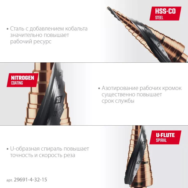 Ступенчатые сверла, сталь c кобальтом, спиральная проточка, НЕХ хвостовик 29691-4-32-15 купить в Тюмени