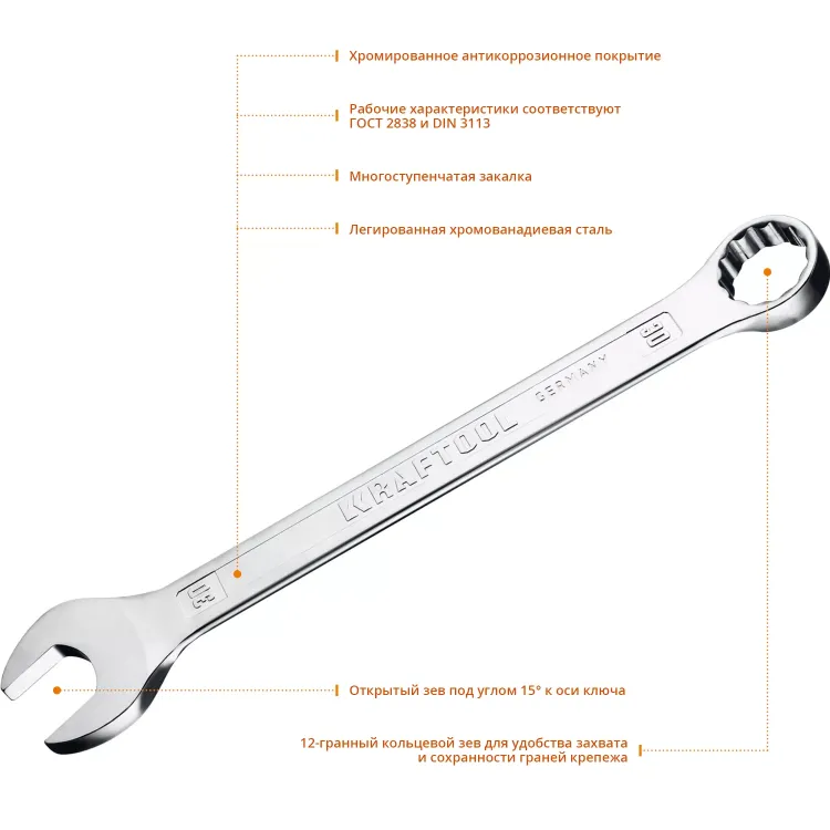 Ключ комбинированный KRAFTOOL, Cr-V, DIN 3113 27079-30 купить в Тюмени