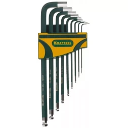 Набор ключей имбусовых KRAFTOOL "INDUSTRIE" длинные,шарик,Cr-Mo сталь(S2),хром покрыт с противоск напыл,HEX1,5-10мм,9шт 27445-H9