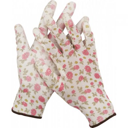 Перчатки GRINDA садовые, прозрачное PU покрытие, 13 класс вязки, бело-розовые, размер L 11291-L купить в Тюмени