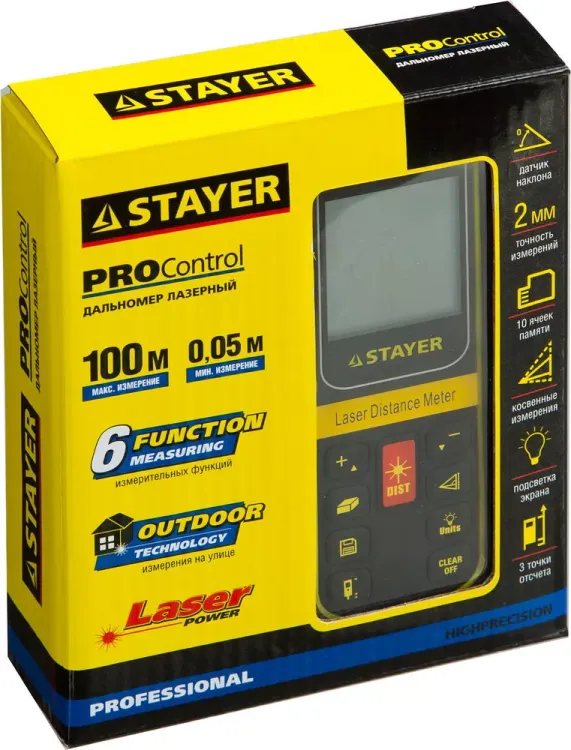 Дальномер PRO-Control лазерный, дальность 100м, точность 2мм, STAYER Professional 34959 34959 купить в Тюмени