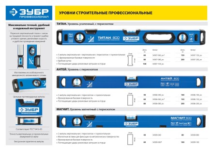 Уровень ЗУБР &quot;ПРОФЕССИОНАЛ&quot; &quot;АНТЕЙ&quot; с перископом, фрезерованная базовая поверхность, 2 цельные противоудар ампулы, 200см 34586-200_z01 купить в Тюмени