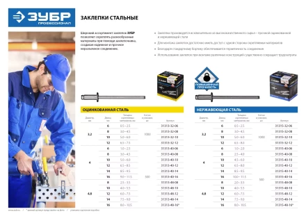Заклепки ЗУБР стальные, 4,0x6мм, 500шт 31313-40-06 купить в Тюмени