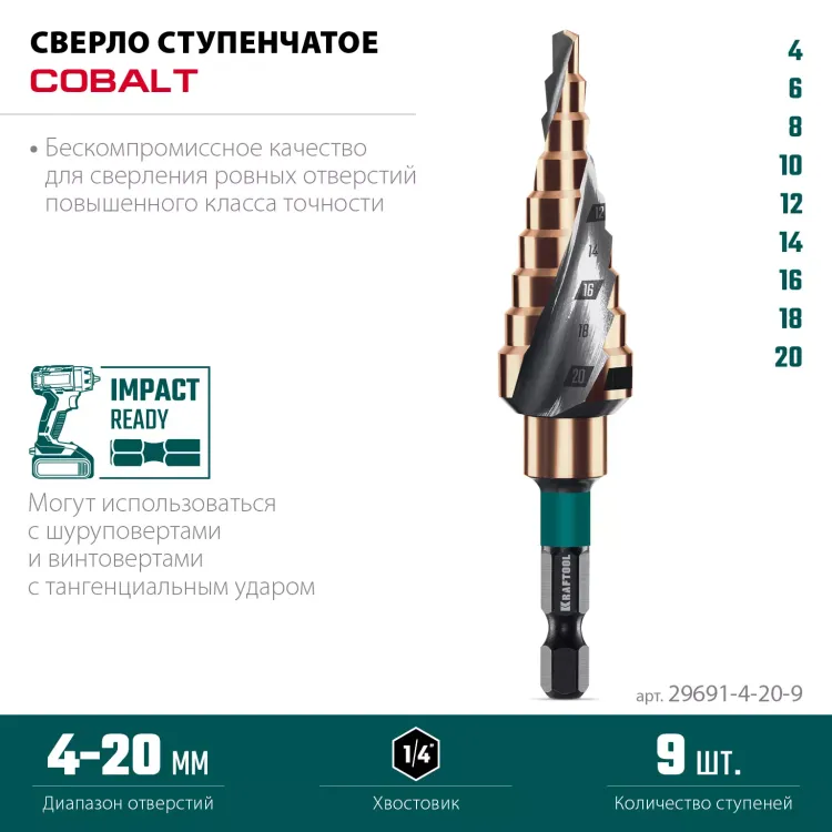 Ступенчатое сверло, сталь c кобальтом, спиральная проточка, НЕХ хвостовик 29691-4-20-9 купить в Тюмени