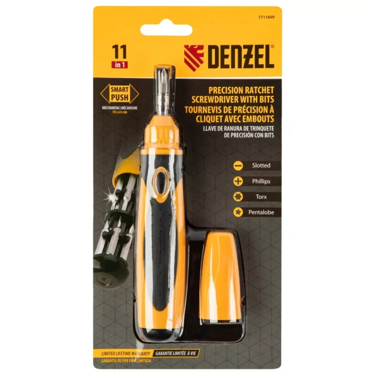 Отвертка реверсивная Denzel 7711609, механизм SmartPush mini 11 шт, CrMo купить в Тюмени