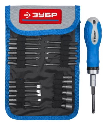 Набор ЗУБР Отвертка &quot;ЭКСПЕРТ&quot; реверcивная, 2-хкомп. ручка, биты 65мм, торцовые головки, 25пред. 25281-H25 купить в Тюмени