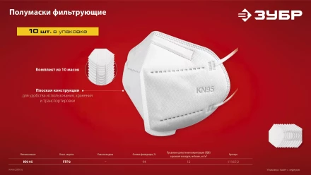 ЗУБР KN-95, класс защиты FFP2, 10 шт, фильтрующая полумаска (11165-2) купить в Тюмени