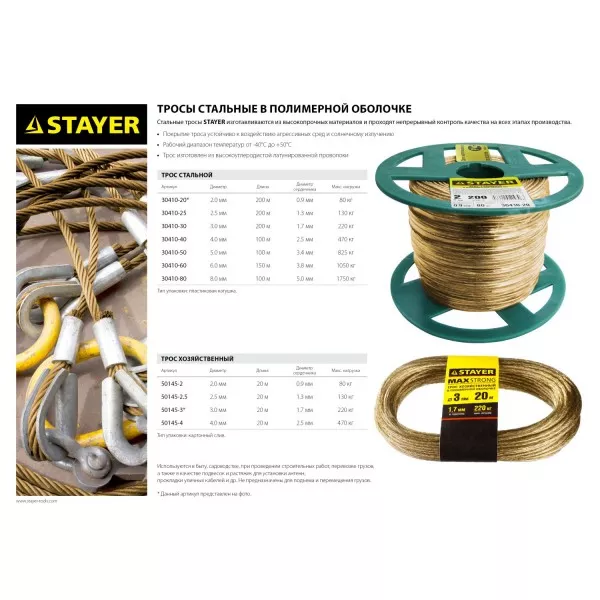 Трос стальной в полимерной оболочке, d=2,0 мм, L=200 м, STAYER Master 30410-20 30410-20 купить в Тюмени