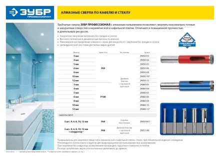 Сверло ЗУБР алмазное трубчатое по стеклу, зерно 100, 6мм 29860-06 купить в Тюмени