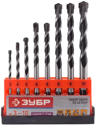 Набор сверл по бетону усиленные ЗУБР 3 шт d 6-8-10 мм трехгранный хвостовик  Профессионал 2916-H3 купить в Тюмени