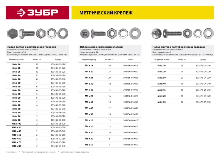 Болт (DIN933) в комплекте с гайкой (DIN934), шайбой (DIN125), шайбой пруж. (DIN127), M6 x 50 мм, 7 шт, ЗУБР 303436-06-050 купить в Тюмени