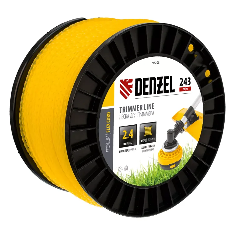 Леска для триммера витой квадрат, 2,4мм х 243м, на DIN катушке FLEX CORD// Denzel 96298 купить в Тюмени