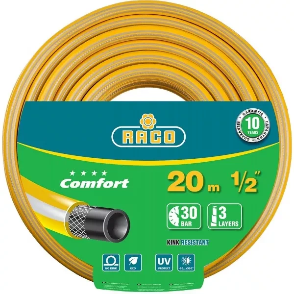 Шланг RACO "COMFORT" поливочный, 30атм., армированный, 3-х слойный, 1/2"х20м 40303-1/2-20 купить в Тюмени