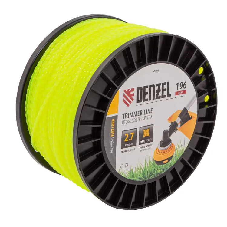 Леска для триммера витой квадрат, 2,7мм х 196м, на DIN катушке FLEX CORD// Denzel 96299 купить в Тюмени