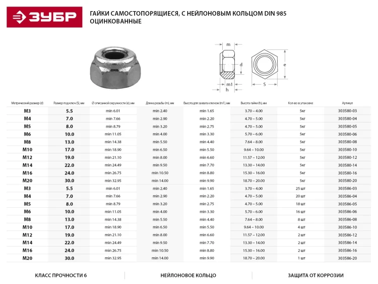 Гайка DIN 985 с нейлоновым кольцом, M5, 18 шт, кл. пр. 6, оцинкованная, ЗУБР 303586-05 купить в Тюмени