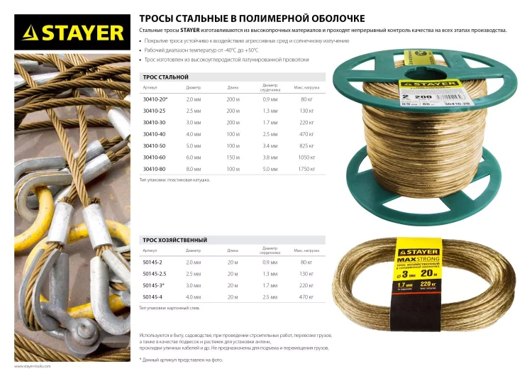 Трос стальной в полимерной оболочке, d=3,0 мм, L=200 м, STAYER Master 30410-30 30410-30 купить в Тюмени