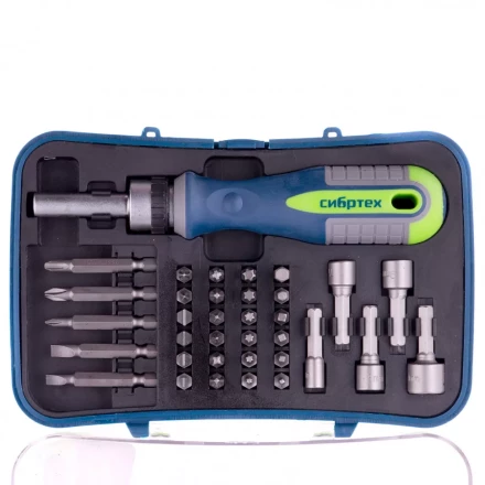 Отвертка реверсивная с набором бит и торцевыми головками 35 шт CrV Сибртех 13337 купить в Тюмени