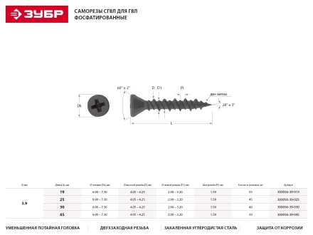 Саморезы ЗУБР &quot;МАСТЕР&quot; фосфатированные, для гипсоволоконных листов, двухзаходная резьба, 3.9x19мм, 55шт 300056-39-019 купить в Тюмени