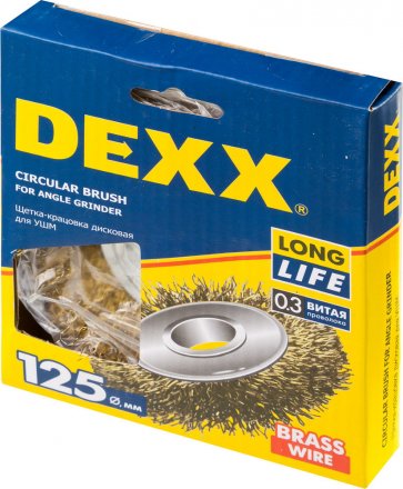 DEXX. Щетка дисковая для УШМ, витая стальная латунированная проволока 0,3мм, 125ммх22мм 35101-125 купить в Тюмени
