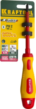 Отвертка KRAFTOOL, высоковольтная, Cr-Mo-V стержень, двухкомпонент. маслобензостойкая рукоятка, PH №2, 100мм 250084-2-100 купить в Тюмени