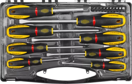 Набор STAYER &quot;PROFESSIONAL&quot; &quot;PROTech&quot;: Отвертки, Cr-Mo, двухком рукоят, отвертки 7шт, отвертка-битодержатель, биты 10шт 25133-H8_z02 купить в Тюмени