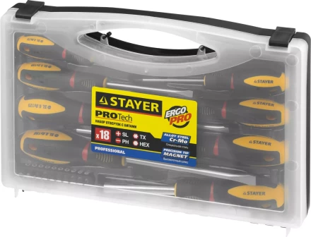 Набор STAYER &quot;PROFESSIONAL&quot; &quot;PROTech&quot;: Отвертки, Cr-Mo, двухком рукоят, отвертки 7шт, отвертка-битодержатель, биты 10шт 25133-H8_z02 купить в Тюмени