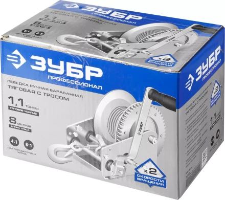 Лебедка ручная барабанная ЗУБР &quot;ПРОФЕССИОНАЛ&quot;, тяговая, тросовая, 1,1т, 8м 43113-1.1_z01 купить в Тюмени