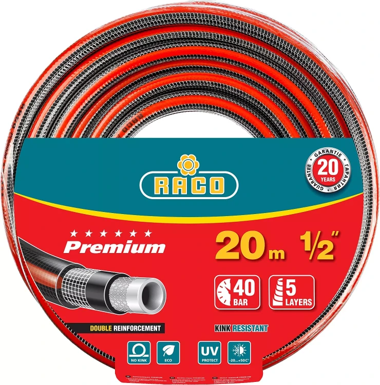 Шланг RACO "PREMIUM" поливочный, 40атм., армированный, 3-х слойный, 1/2"х20м 40300-1/2-20 купить в Тюмени