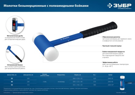 ЗУБР БМП-50, 50 мм, безынерционный молоток с полиамидными бойками, Профессионал (2043-50) купить в Тюмени