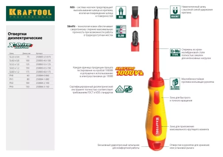 Отвертка KRAFTOOL, высоковольтная, Cr-Mo-V стержень, двухкомпонент. маслобензостойкая рукоятка, PH №1, 80мм 250084-1-080 купить в Тюмени