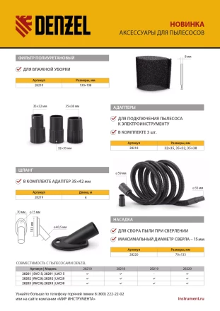 Шланг для пылесоса 4 м с адаптерами для Denzel RVC20, RVC30, LVC20, LVC30 28219 купить в Тюмени