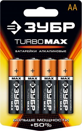 Батарейка ЗУБР &quot;TURBO MAX&quot; щелочная (алкалиновая), тип AA, 1,5В, 4шт на карточке 59206-4C купить в Тюмени