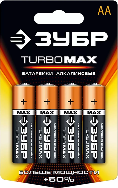 Батарейка ЗУБР "TURBO MAX" щелочная (алкалиновая), тип AA, 1,5В, 4шт на карточке 59206-4C купить в Тюмени