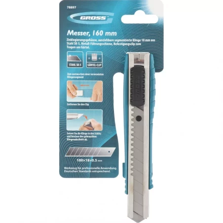 Нож 160 мм метал.корпус выдв. сегм. лезвие 18 мм SK-5 метал. напр-щая клипса для ремня GROSS 78897 купить в Тюмени