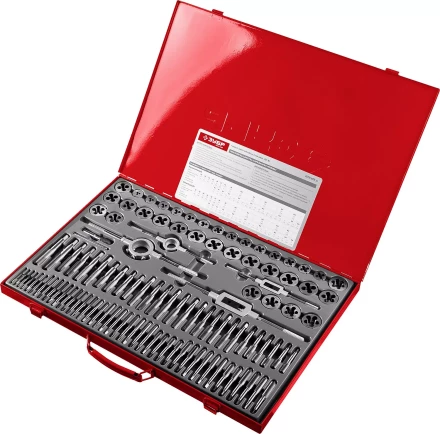 Набор ЗУБР &quot;ЭКСПЕРТ&quot; с метал.реж. инстр.,метчики однопроход. для глух. и сквоз. отв.,плашки,оснаст.-в мет. бокс 110пред. 28119-H110 купить в Тюмени