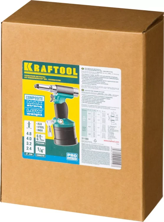 Заклепочник пневматический, KRAFTOOL 31188, корпус из композит материалов, для заклепок из нержав стали, 2,4-3,2-4-4,8мм 31188 купить в Тюмени