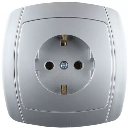 Розетка СВЕТОЗАР &quot;АКЦЕНТ&quot; одинарная в сборе, с заземлением, цвет серебристый металлик, 16А/~250В SV-54205-SM купить в Тюмени