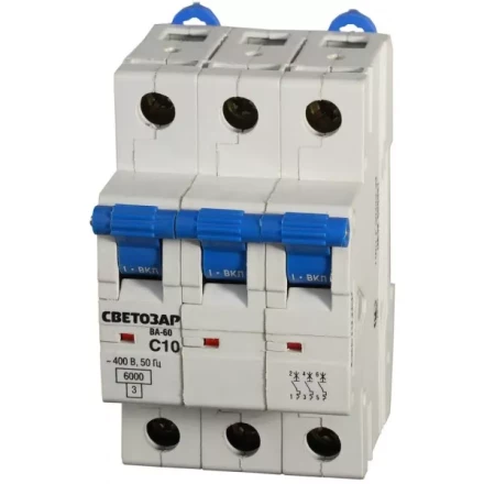 Выключатель автоматический СВЕТОЗАР 3-полюсный, 10 A, &quot;C&quot;, откл. сп. 6 кА, 400 В SV-49063-10-C купить в Тюмени