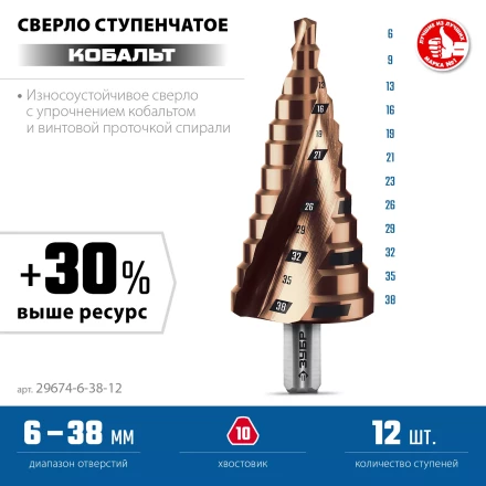 ЗУБР КОБАЛЬТ 6-38мм, 12 ступеней, винтовая проточка, сверло ступенчатое, ПРОФЕССИОНАЛ (29674-6-38-12) купить в Тюмени