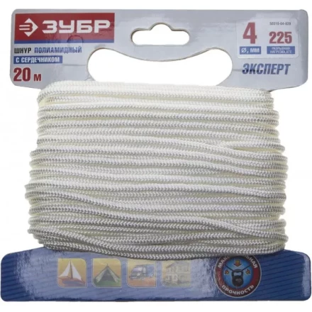 Шнур ЗУБР полиамидный, плетеный, повышенной нагрузки, с сердечником, белый, d 4, 20м 50310-04-020 купить в Тюмени