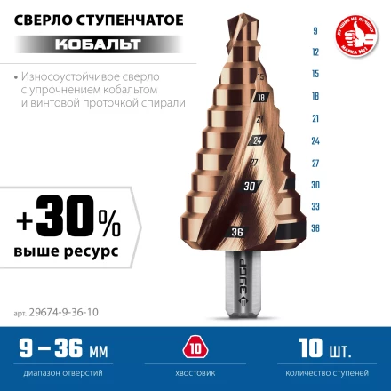 ЗУБР КОБАЛЬТ 9-36мм, 10 ступеней, винтовая проточка, сверло ступенчатое, ПРОФЕССИОНАЛ (29674-9-36-10) купить в Тюмени