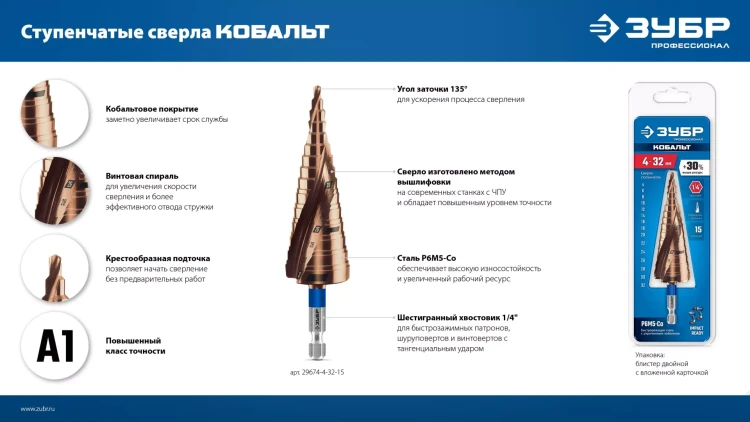ЗУБР КОБАЛЬТ 9-36мм, 10 ступеней, винтовая проточка, сверло ступенчатое, ПРОФЕССИОНАЛ (29674-9-36-10) купить в Тюмени