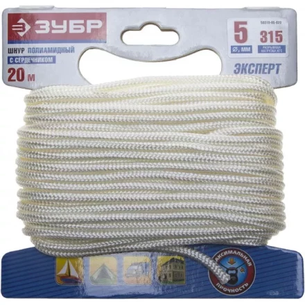 Шнур ЗУБР полиамидный, плетеный, повышенной нагрузки, с сердечником, белый, d 5, 20м 50310-05-020 купить в Тюмени