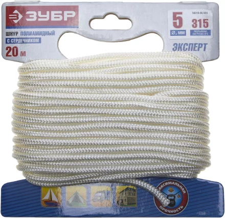 Шнур ЗУБР полиамидный, плетеный, повышенной нагрузки, с сердечником, белый, d 5, 20м 50310-05-020 купить в Тюмени