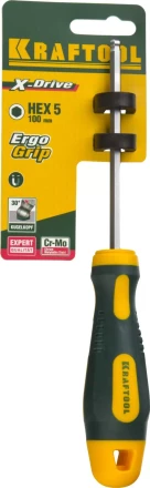 Отвертка KRAFTOOL, Cr-Mo-V сталь, двухкомпонентная противоскользящая рукоятка, HEX, №5x100мм 250075-5-100 купить в Тюмени