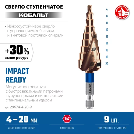 ЗУБР КОБАЛЬТ 4-20мм, 9 ступеней, винтовая проточка, сверло ступенчатое, серия Профессионал(29674-4-20-9) купить в Тюмени