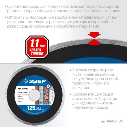 ЗУБР Чисторез, 125 мм, (22.2 мм, 5 х 1.1 мм), сплошной алмазный диск, Профессионал (36663-125) купить в Тюмени