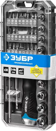 Набор ЗУБР &quot;ПРОФЕССИОНАЛ&quot;: Отвертка реверсив с двухкомп рукоят, насадки, CrMo, рукоят с отсеком для хранения бит, 38 предметов 25352-H38 купить в Тюмени