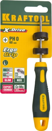 Отвертка KRAFTOOL, Cr-Mo-V сталь, двухкомпонентная противоскользящая рукоятка, PH, №0x60мм 250072-0-060 купить в Тюмени