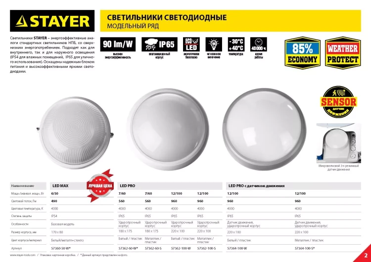 Светильник STAYER "PROFI" PROLight светодиодный, влагозащищенный IP65, пластиковый корпус, PC, влагозащищенный, круг, белый, 4000К, 12(100Вт) 57362-100-W купить в Тюмени